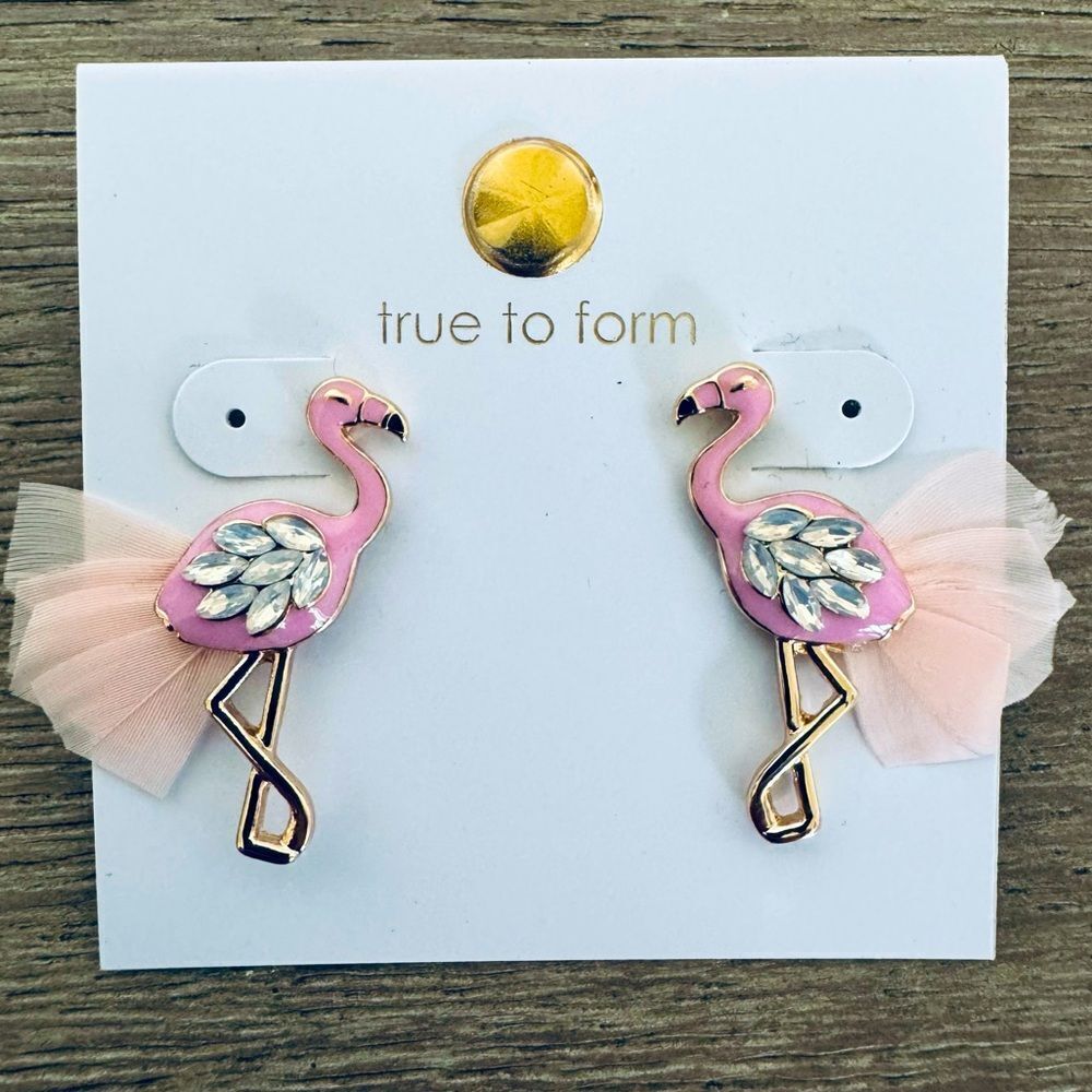 Pink Flamingo Crystal Feather Enamel Earrings
